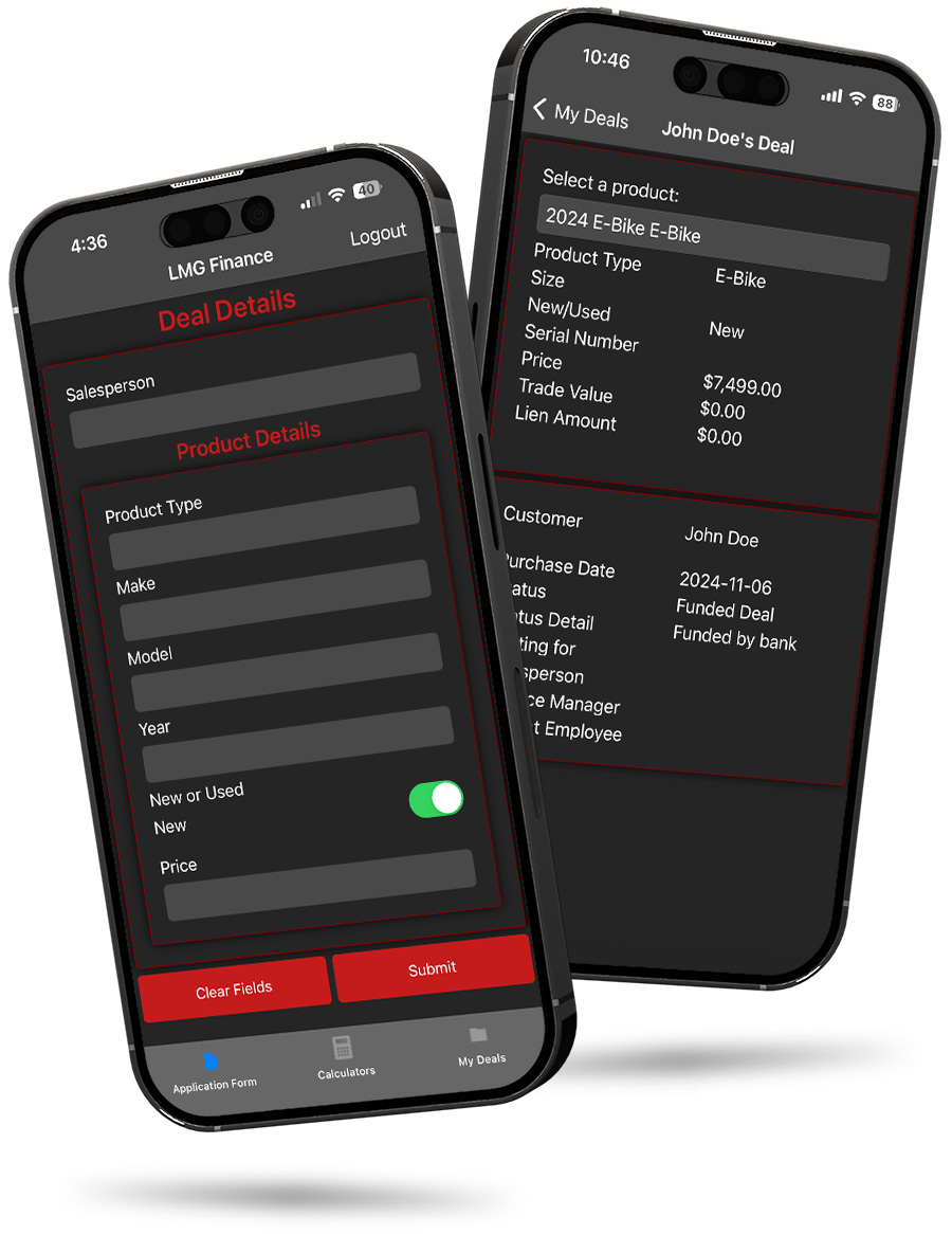 A mobile mockup of the LMG Finance app in use.