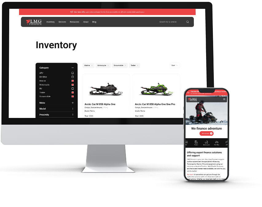A mockup of the LMG Finance app in action, showing an inventory screen on desktop and on a mobile device.