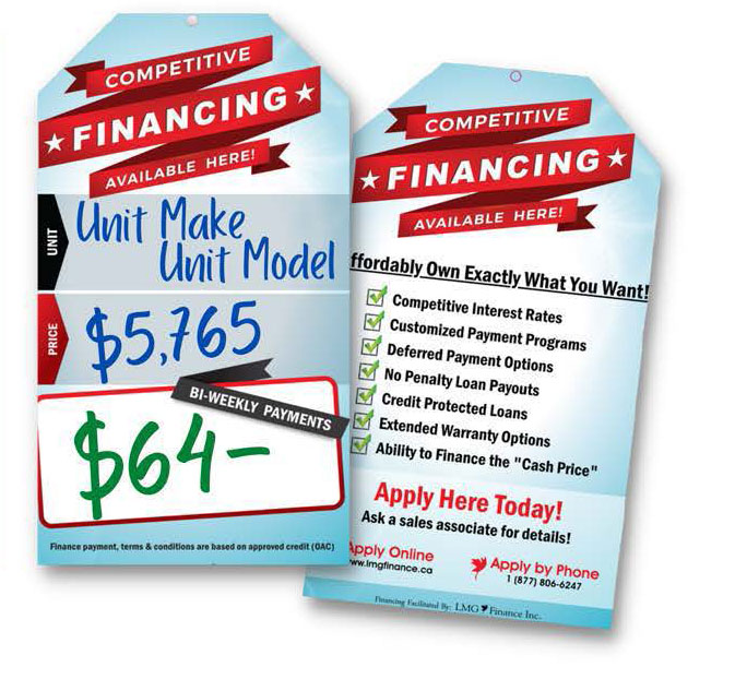 Two tags that includle content regarding competitive financing vailable with LMG Finance. These are marketing materials for LMG Finance, that could be displayed at your dealership soon!